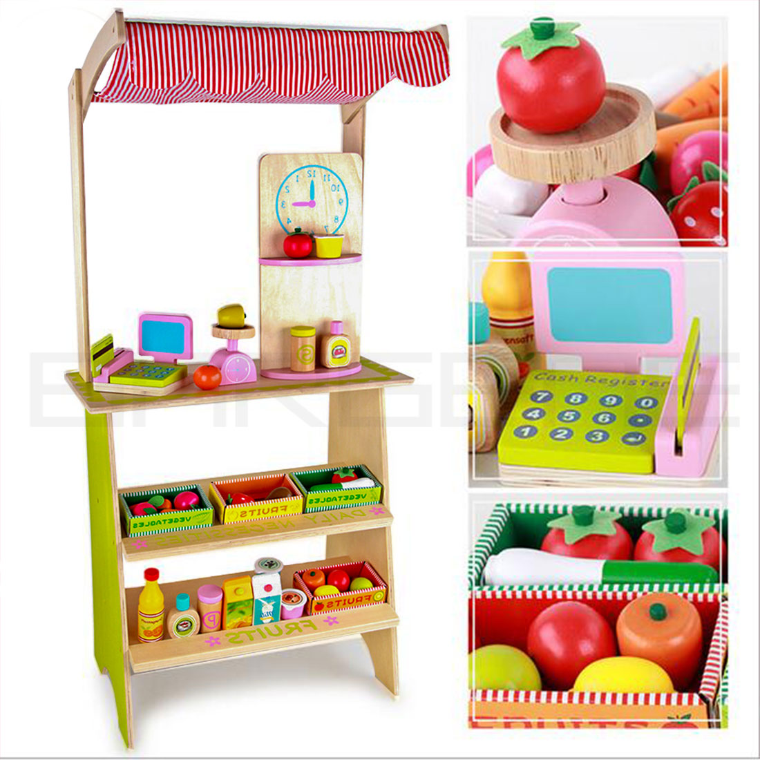 Kids Wooden Marketplace Stand Supermarket Toy Shop Stall Pretend Play w