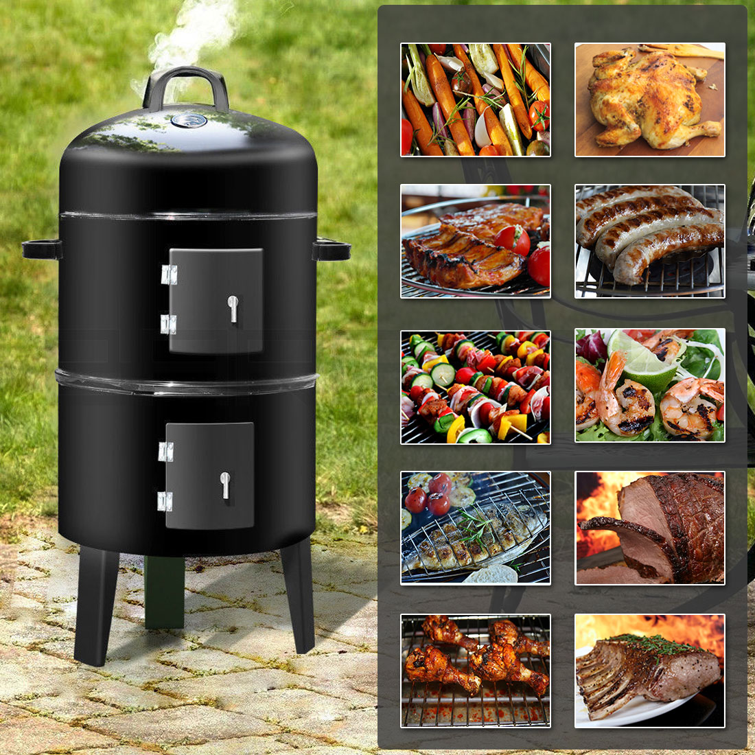 NEW 3in1 Portable Charcoal Vertical Smoker BBQ Roaster Grill Steel